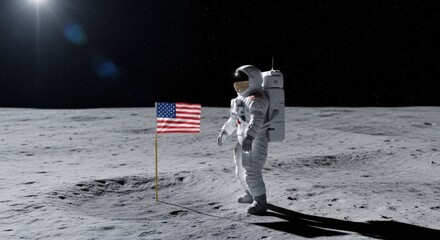 Astronaut Standing on Moon Surface Near American Flag Under Starry Sky