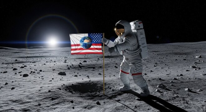 Astronaut on the Moon Holding a Flag with Earth and Sun in Background