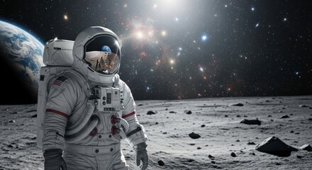 Astronaut in Space Suit Standing on Lunar Surface with Earth and Stars in Background