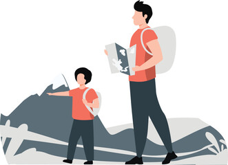 The child is pointing at a side and man guides him.