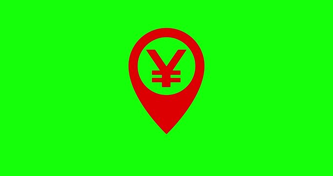 Animated geolocation pin design with Chinese yuan currency icon on green background