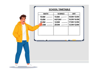 Education Planner: A student points to a clear school timetable on a whiteboard, visualizing a learning environment and daily structure.