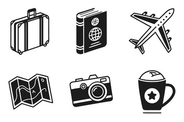 Collection of travel icons including suitcase, passport, airplane, map, camera, and coffee