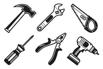 Collection of common hand and power tools isolated on white background