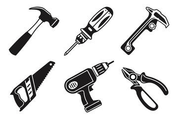 Collection of hand and power tools isolated on white background