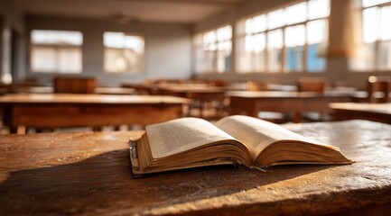 Obraz premium Open Book on Wooden Desk in Sunlit Empty Classroom