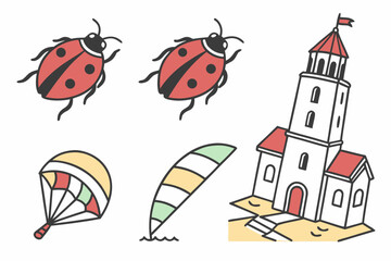 Obraz premium Collection of summer vacation icons ladybugs, lighthouse, paraglider
