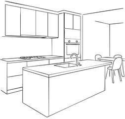 Interior sketch of modern kitchen with island