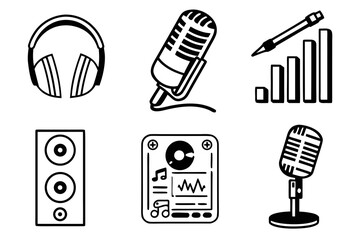 Collection of audio and music related icons isolated on white background