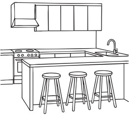 Interior sketch of modern kitchen with island