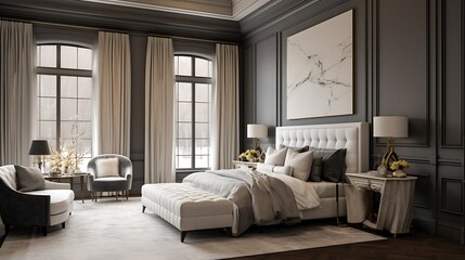 Floor-length drapery rail installation in luxury master suite, elegant wall textures and window framing visible, interior glow adds warmth.