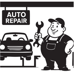 vector black flat auto repair shop with cartoon master