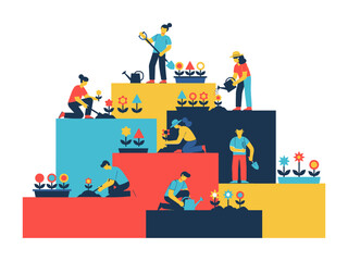 Harmony in Horticulture: An illustrative depiction of people diligently cultivating and nurturing vibrant flowers and greenery.