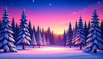 Snowy forest sunrise winter landscape.