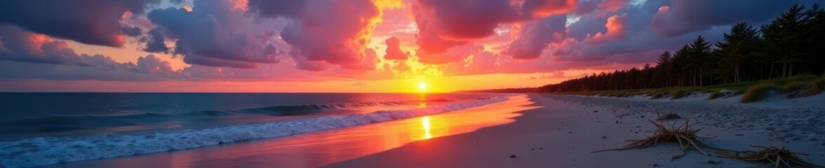 Fototapeta premium Sunset over Cape Lookout's pristine beach, dramatic sky, light, wildlife