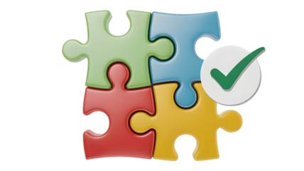 Colorful puzzle pieces connected together with a green check mark on a white circle shape