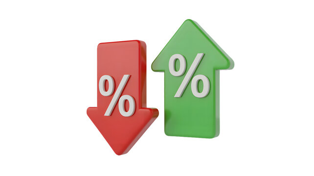 Red downward arrow and green upward arrow with percentage signs on a black background rendered in d