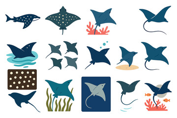 Spotted Eagle Marine Life Icon Set Design