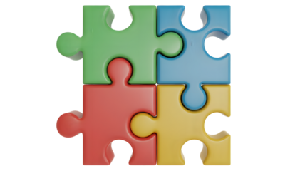 Four colorful puzzle pieces connected to form a square on a white background in a simple design