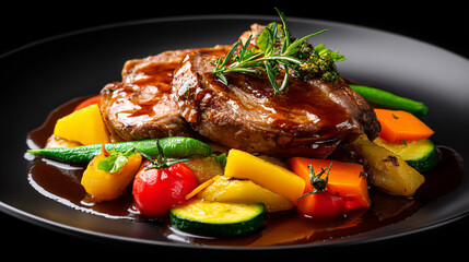 Gourmet roasted beef steak with fresh vegetables and herbs
