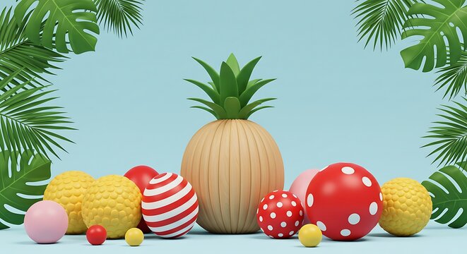 3d best selling pineapple and colorful balls with tropical leaves