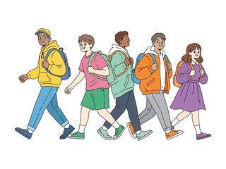 Students' Journey: A group of diverse students walk together on the way to school, each carrying backpacks and smiles, showing the essence of education.