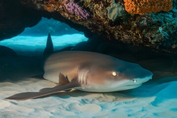 Fototapeta premium Nurse shark resting on sandy seabed under coral reef overhang