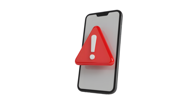 A smartphone displaying a red warning sign with exclamation mark on its screen against black background - Powered by Adobe