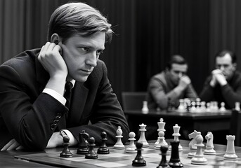 Black and white image of a professional chess player deeply engrossed in a competitive match.