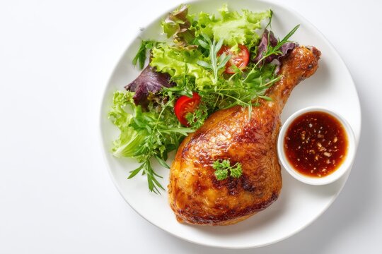 Roasted chicken leg with salad and tomato sauce on a white plate, top view, isolated on a light background. Baked chicken. Healthy food for slimming the body in a weight loss program. Gourmet dinner