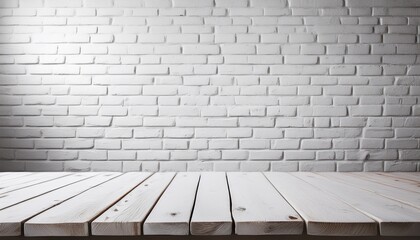 whitewashed wooden table with rustic texture in front of whitewashed brick wall background creating cozy and vintage atmosphere for interior design or product display