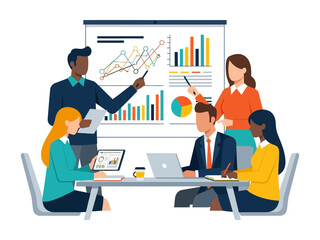 Business presentation and meeting: A diverse group of professionals engages in a dynamic presentation, discussing charts and graphs, symbolizing collaboration and strategic planning © Abdul