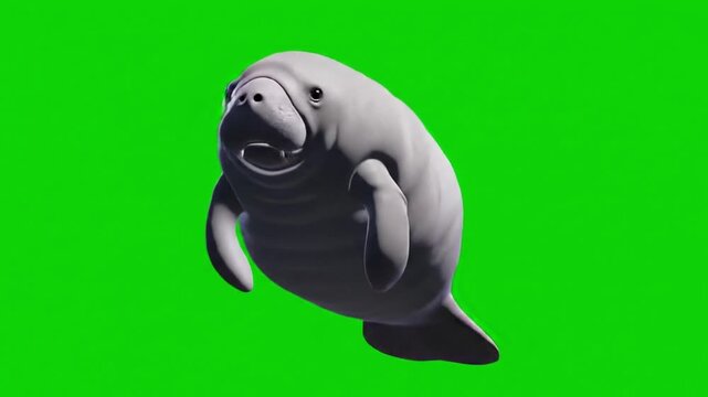 A cute 3D rendered manatee character swimming and smiling, isolated on a green screen for chroma key video effects.