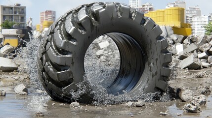 A striking visual of a large tire splashing through water, symbolizing power and motion against