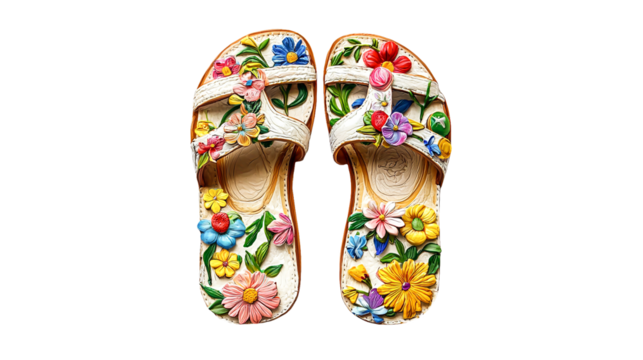 PNG a pair of sandals with flowers on the sole on a transparent background