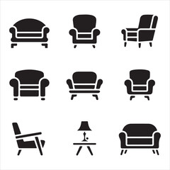 Furniture Web Icons Set, solid style modern sofa, armchair, lounge chair, coffee table, and home interior silhouette collection for web, mobile app, and user interface design