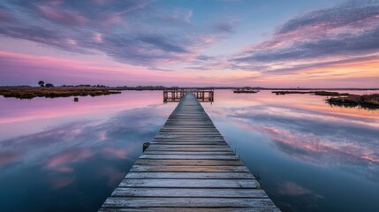 Obraz premium Peaceful wooden boardwalk sunset reflection lagoon. Possible use Desktop wallpaper