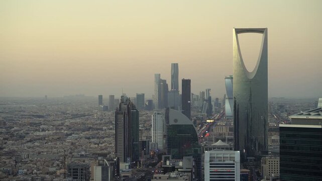 Spectacular view of skyscrapers of Riyadh at sunset, in Saudi Arabia