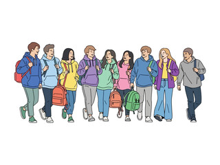 Fototapeta premium College Life: A vibrant illustration showcases a group of students, strolling together and carrying backpacks. It captures the essence of youthful camaraderie, with a bright atmosphere.