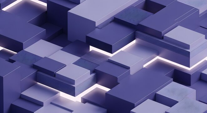 Abstract 3D Geometric Blocks in Purple and Violet with Glowing Light. Modern Digital Background Pattern.