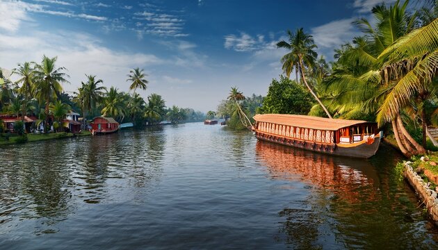serene backwaters of kerala a tranquil journey amidst lush greenery and vibrant houseboats - Powered by Adobe