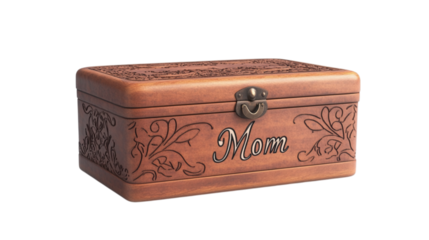 • A personalized keepsake box with a "Mom" engraving, isolated on white background in HD 