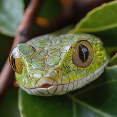 Fototapeta premium Vibrant green snake with intricate scale patterns and large eyes is camouflaged among lush green leaves, creating striking and captivating image