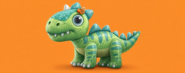 Obraz premium Cute Green Dinosaur Toy with Pumpkin