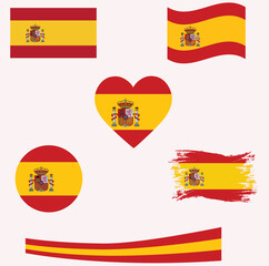 Spain flag set of icons. A set of flags in rectangular, waved, heart and round shapes. Flag icons. Standard colours. Vector illustration. .