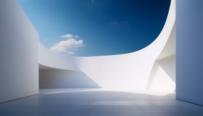 minimalist empty corner with pure white curved wall and open sky soft natural light creating calm and peaceful atmosphere in modern architectural space