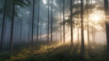Fototapeta premium Misty forest sunrise with sun rays