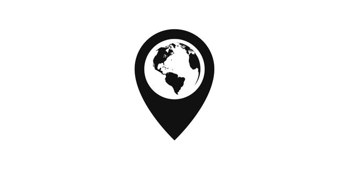Animated design of a geolocation pin in black with a globe on a white background