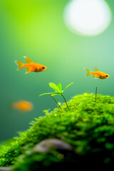 A serene underwater scene featuring vibrant goldfish swimming amidst lush greenery.