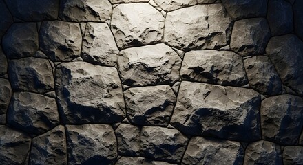 Fototapeta premium Natural grey stone wall background with strong texture and dramatic lighting, rustic rough rock surface